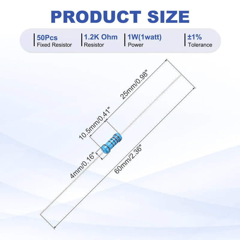 1.2K Ohm Resistor, 50Pcs 1W Metal Film Fixed Resistor 1% Tolerance
