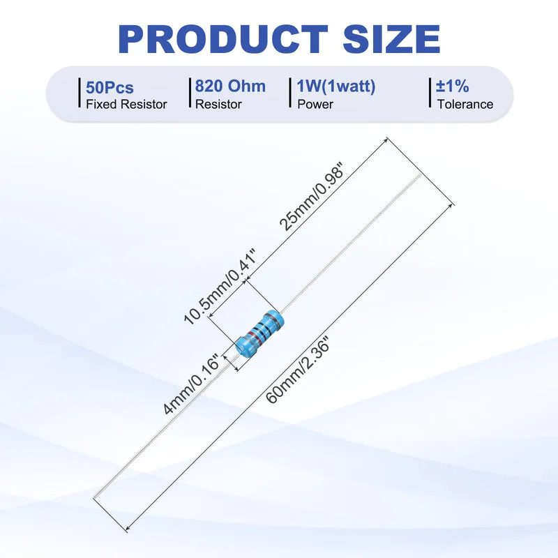 820 Ohm Resistor, 50Pcs 1W Metal Film Fixed Resistor 1% Tolerance
