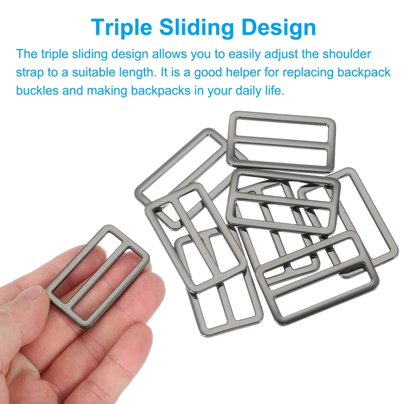 8 Pcs Metal Tri-glide Slide Buckle, 38mm Slider Strap Replacement, Bright Black