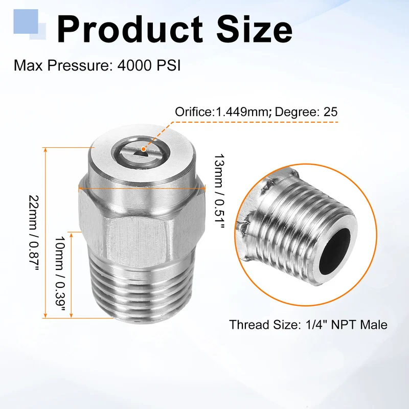 4pcs 25 Degree Surface Clean Tip 1/4 Inch NPT Male 1.449 Orifice Spray Nozzles