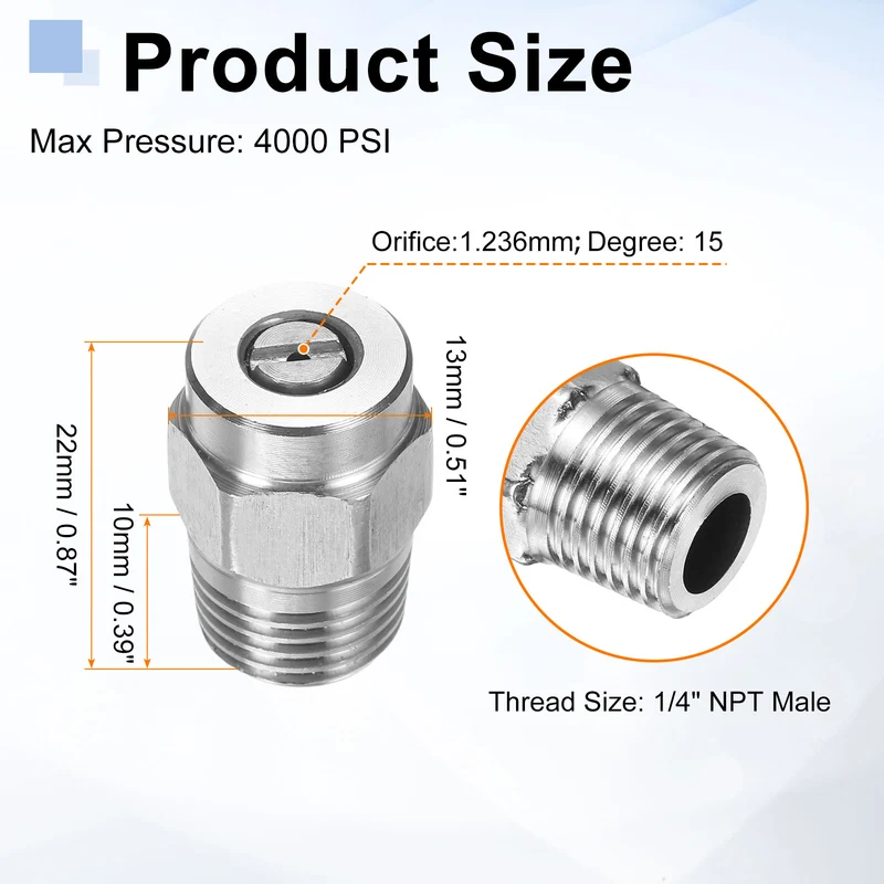 4pcs 15 Degree Surface Clean Tip 1/4 Inch NPT Male 1.236 Orifice Spray Nozzles
