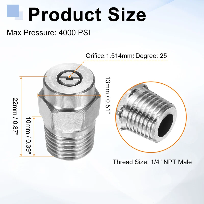 4pcs 25 Degree Surface Clean Tip 1/4 Inch NPT Male 1.514 Orifice Spray Nozzles