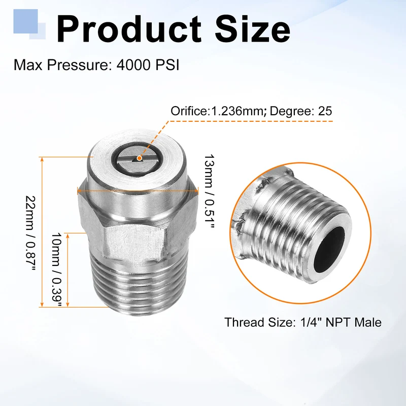 4pcs 25 Degree Surface Clean Tip 1/4 Inch NPT Male 1.236 Orifice Spray Nozzles