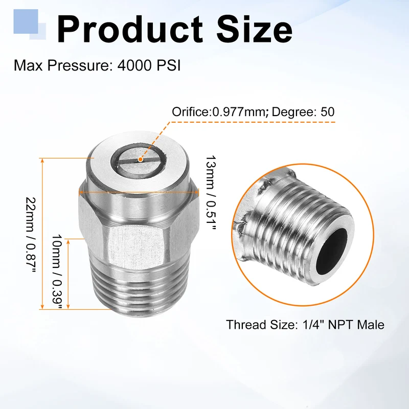 2pcs 50 Degree Surface Clean Tip 1/4 Inch NPT Male 0.977 Orifice Spray Nozzles