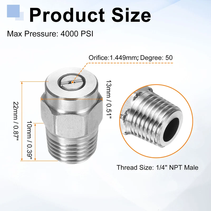 2pcs 50 Degree Surface Clean Tip 1/4 Inch NPT Male 1.449 Orifice Spray Nozzles