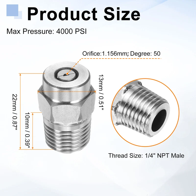 2pcs 50 Degree Surface Clean Tip 1/4 Inch NPT Male 1.156 Orifice Spray Nozzles