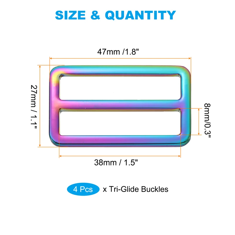 4 Pcs 1.5 Inch / 38mm Flat Metal Adjuster Belt Sliders Buckle Rainbow