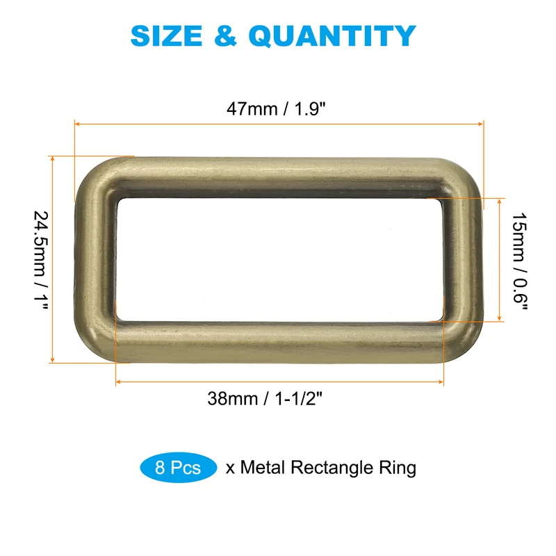 8 Pcs 1-1/2" / 38mm Flat Metal Rectangle Rings Buckle Square Loop Bronze