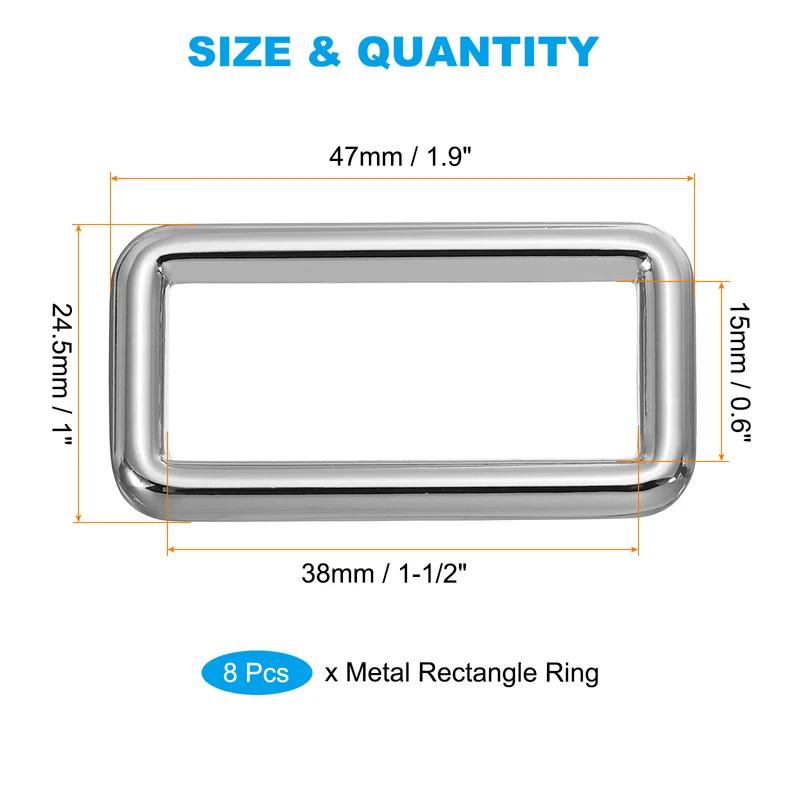 8 Pcs 1-1/2" / 38mm Flat Metal Rectangle Rings Buckle Square Loop Silver