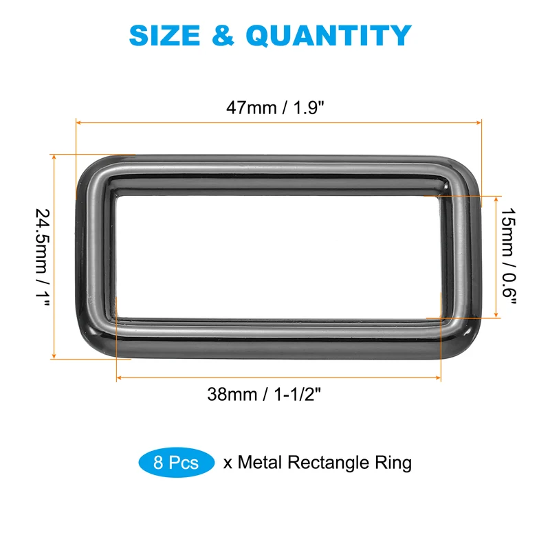 8 Pcs 1-1/2" / 38mm Flat Metal Rectangle Rings Buckle Square Loop Black