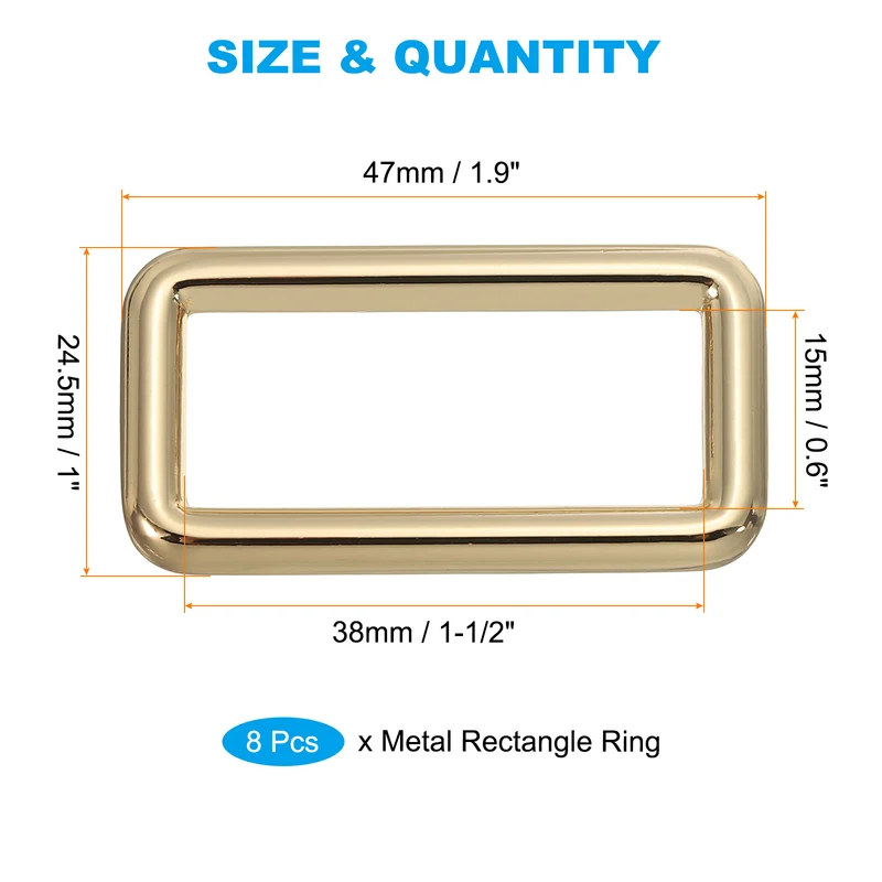 Flat Metal Rectangle Rings 1-1/2" / 38mm, 8 Pcs Square Loop Webbing Belt Buckle for Strap Keeper Leathercraft Bag Belt DIY Purse Making, Light Golden