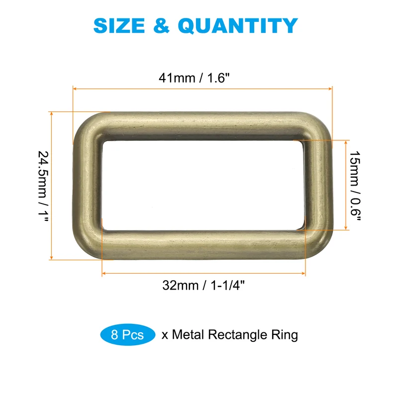 8 Pcs 1-1/4" / 32mm Flat Metal Rectangle Rings Buckle Square Loop Bronze
