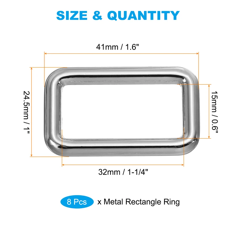 8 Pcs 1-1/4" / 32mm Flat Metal Rectangle Rings Buckle Square Loop Silver
