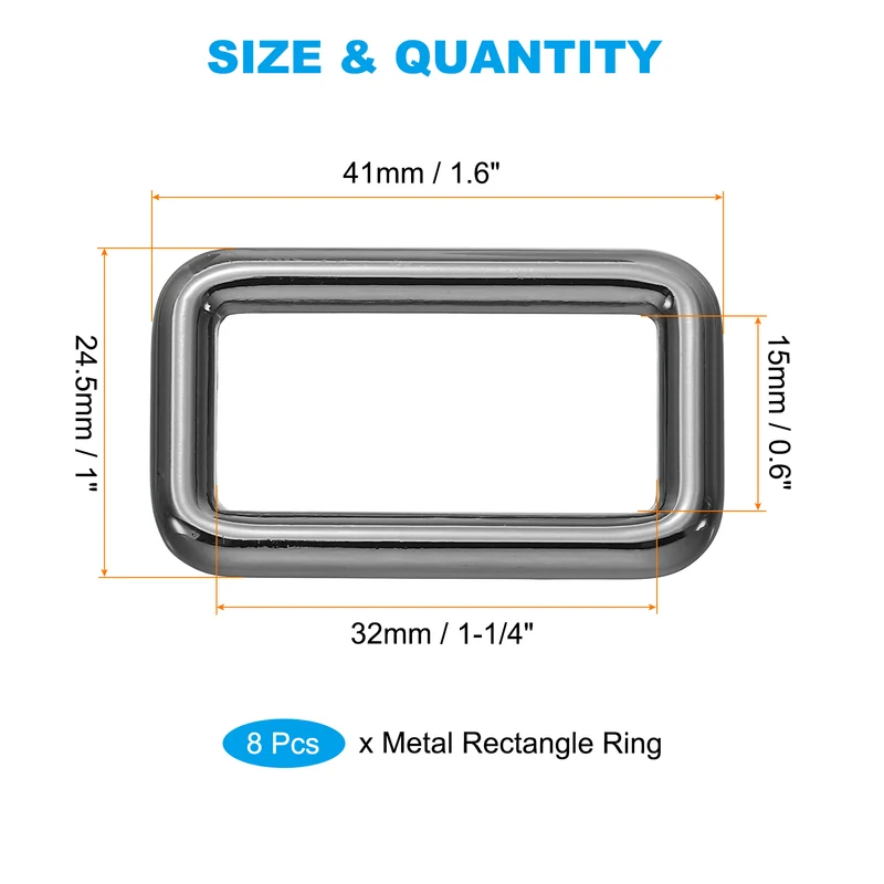 8 Pcs 1-1/4" / 32mm Flat Metal Rectangle Rings Buckle Square Loop Black