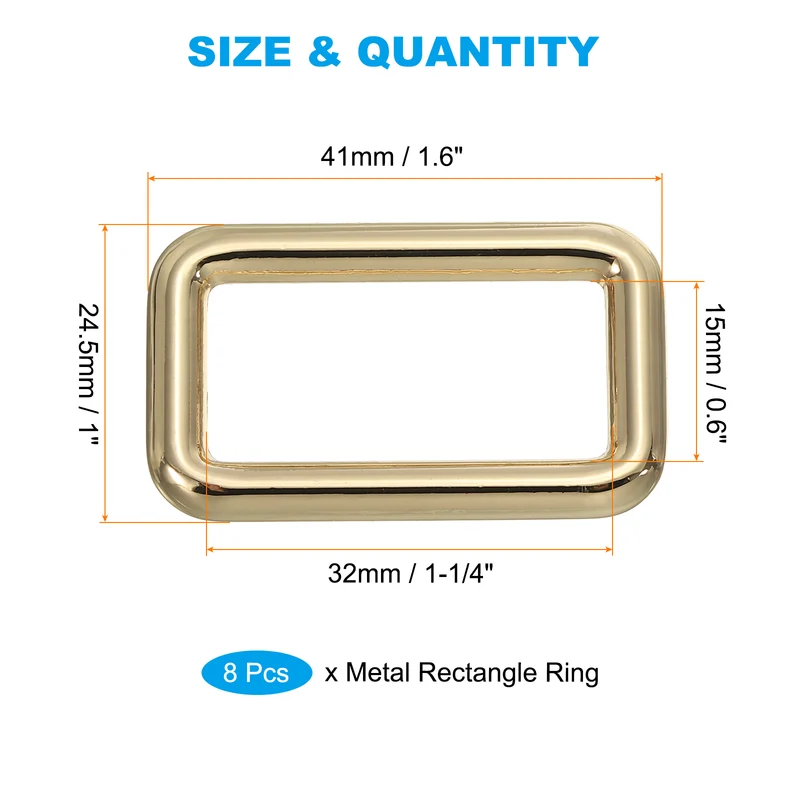 8 Pcs 1-1/4" / 32mm Flat Metal Rectangle Rings Buckle Square Loop Light Golden