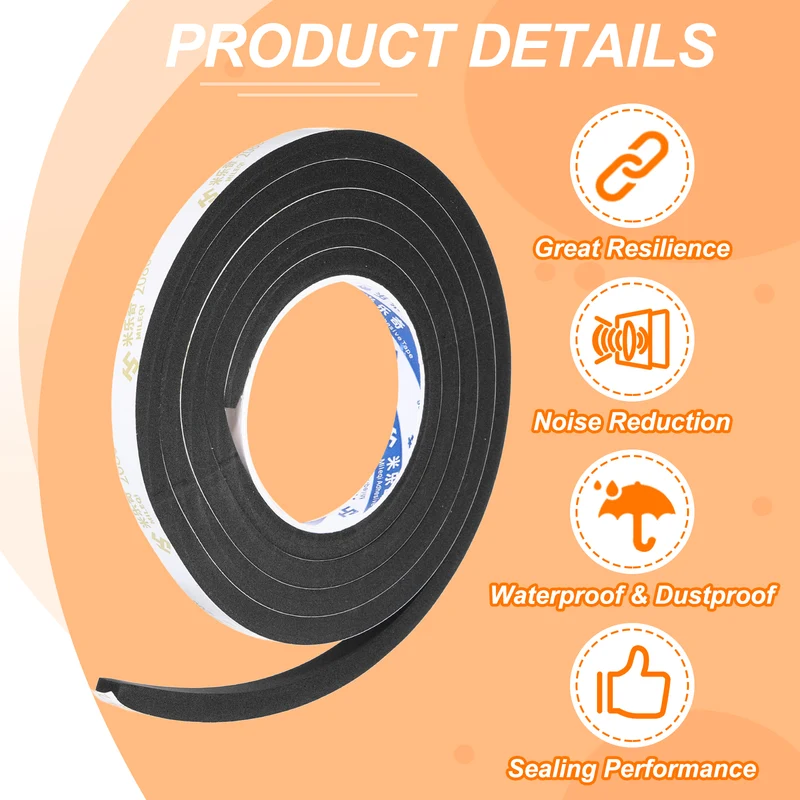 3/8" W x 3/8" t x 6.56ft l EVA Weather Stripping Foam Tape, Black