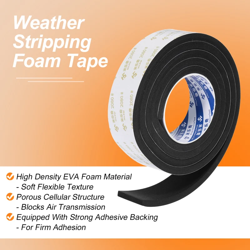 1-9/16" W x 5/16" t x 6.56ft l EVA Weather Stripping Foam Tape, Black
