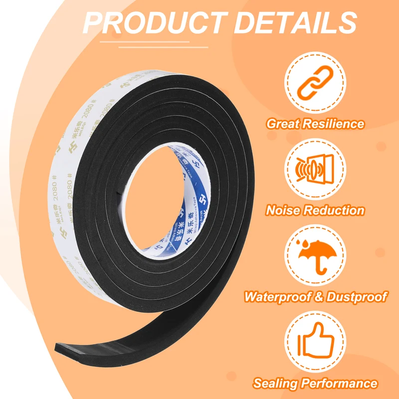 2Pcs 1" W x 5/16" t x 6.56ft l EVA Weather Stripping Foam Tape, Black