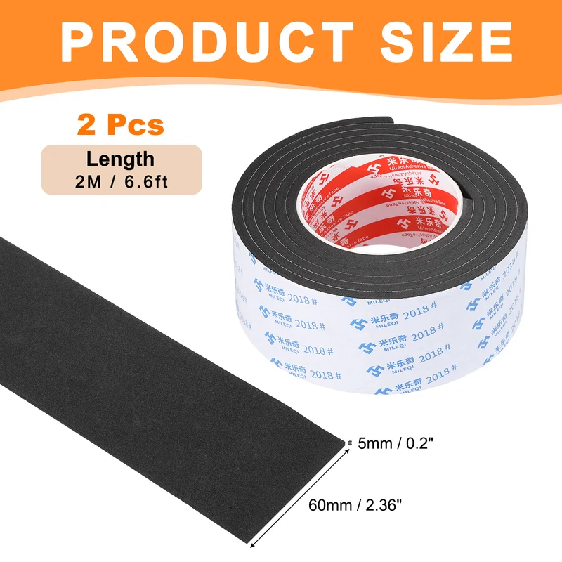 2pcs Foam Tape 60mm W x 5mm t x 2M Weather Stripping Black for Door Window