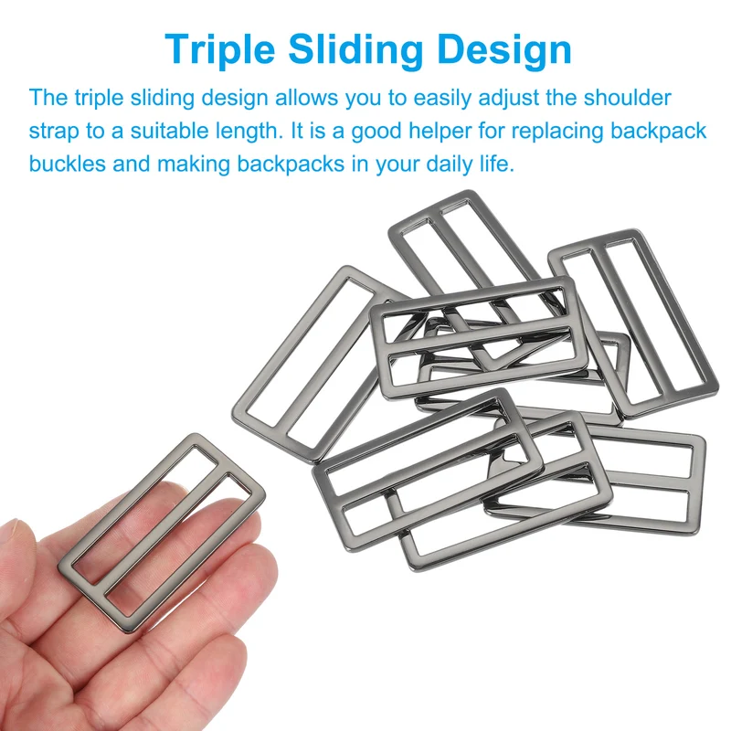 8 Pcs Metal Tri-glide Slide Buckle, 50mm Slider Strap Replacement, Bright Black