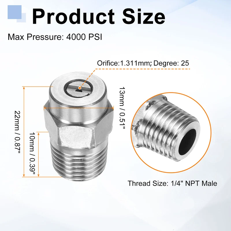 2pcs Surface Clean Tip 25 Degree 1/4 Inch NPT Male 1.311 Orifice 4000 PSI Stainless Steel Threaded Pressure Washer Spray Nozzles for Water Guns Water Broom