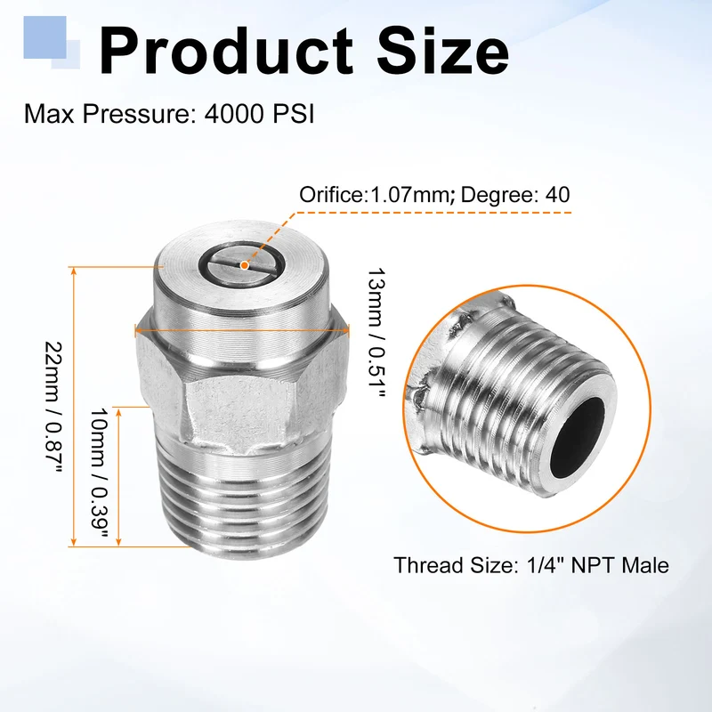 2pcs 40 Degree Surface Clean Tip 1/4 Inch NPT Male 1.07 Orifice Spray Nozzles