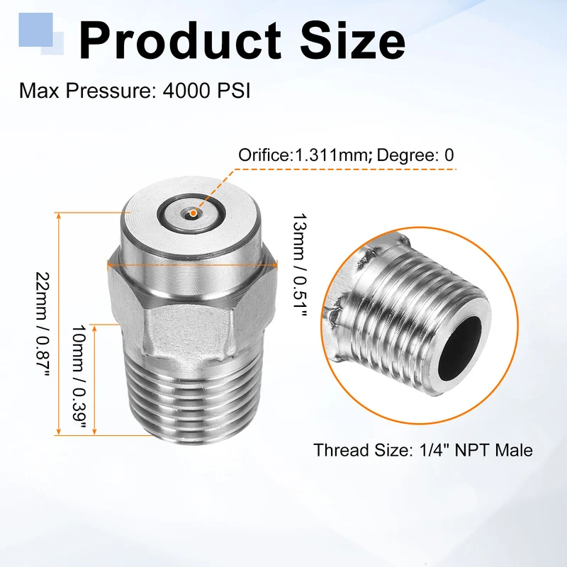 2pcs 0 Degree Surface Clean Tip 1/4 Inch NPT Male 1.311 Orifice Spray Nozzles