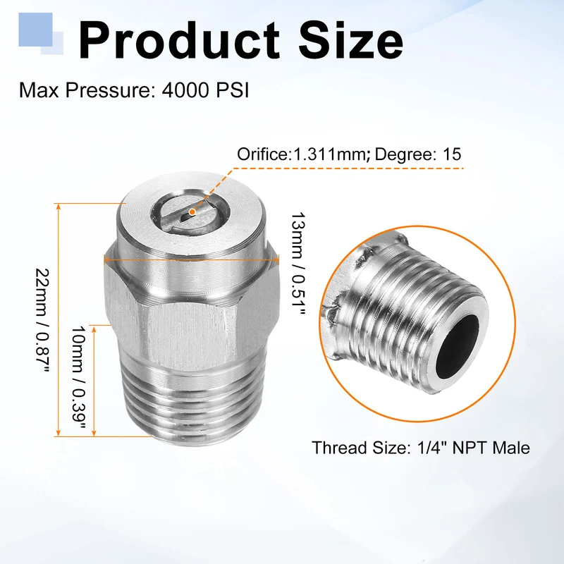 2pcs 15 Degree Surface Clean Tip 1/4 Inch NPT Male 1.311 Orifice Spray Nozzles