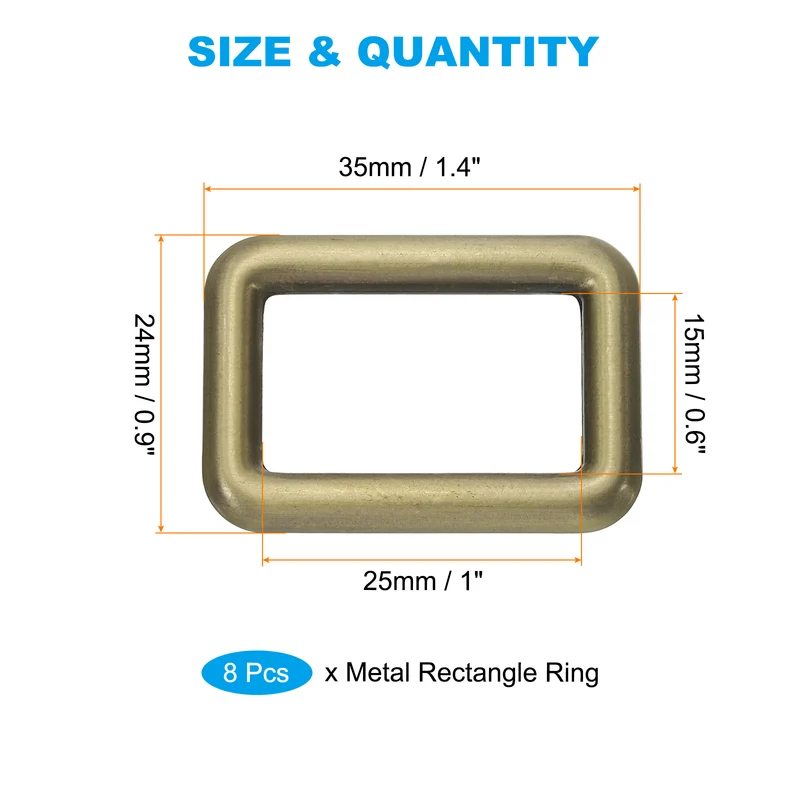 8 Pcs 1" / 25mm Flat Metal Rectangle Rings Buckle Square Loop Bronze