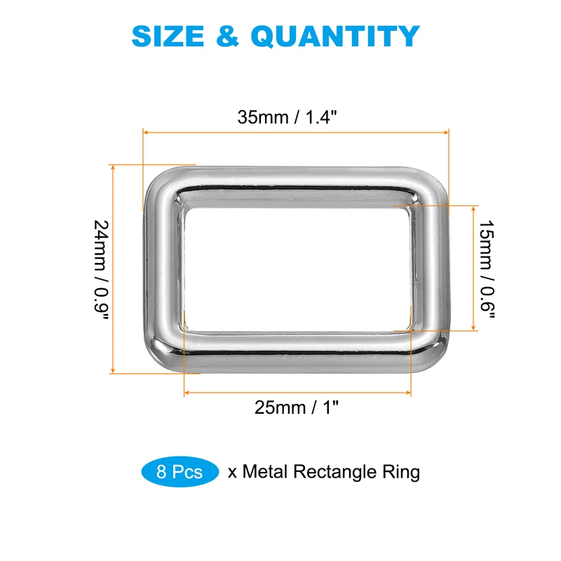 Flat Metal Rectangle Rings 1" / 25mm, 8 Pcs Square Loop Webbing Belt Buckle for Strap Keeper Leathercraft Bag Belt DIY Purse Making, Silver