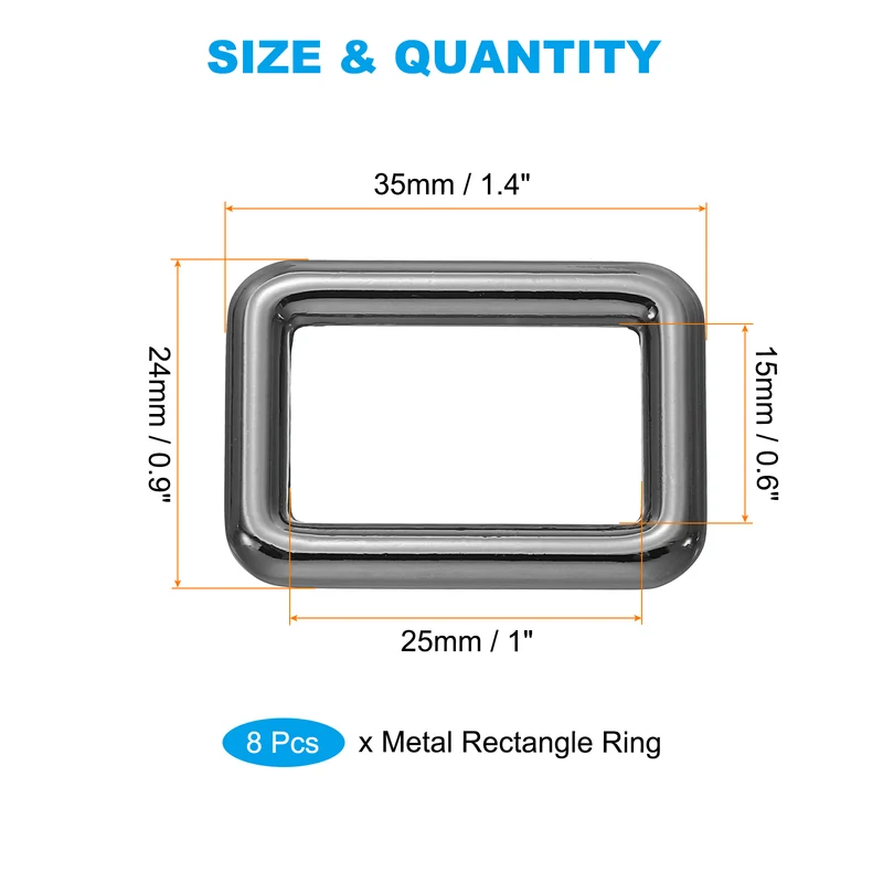 8 Pcs 1" / 25mm Flat Metal Rectangle Rings Buckle Square Loop Black