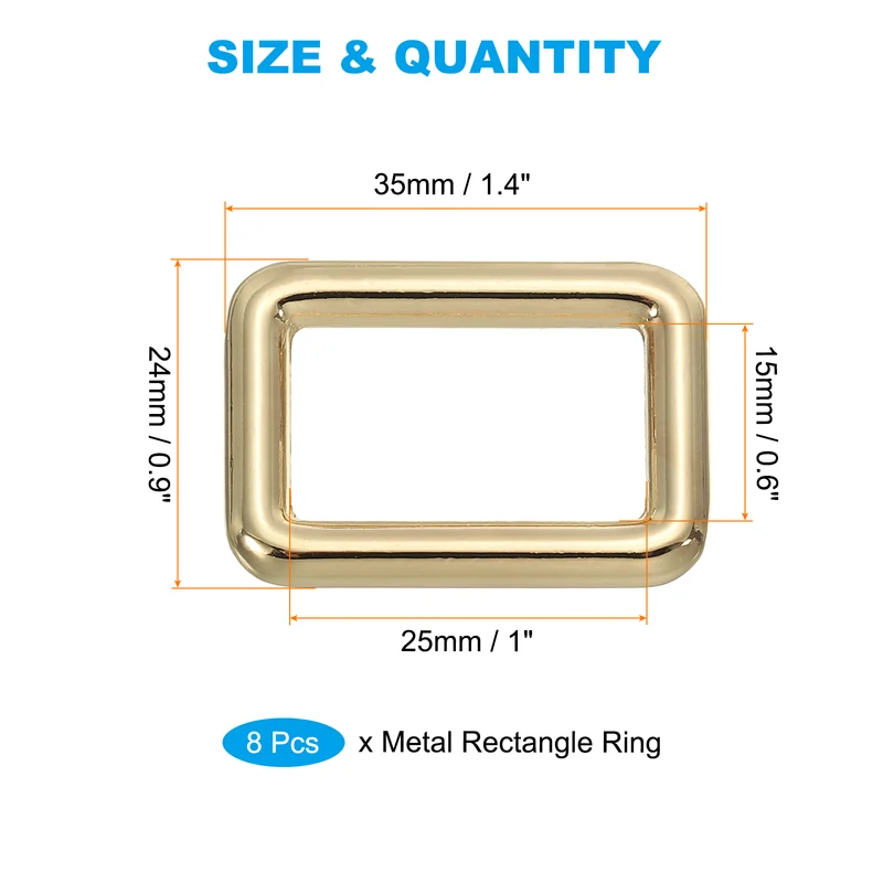 8 Pcs 1" / 25mm Flat Metal Rectangle Rings Buckle Square Loop Light Golden