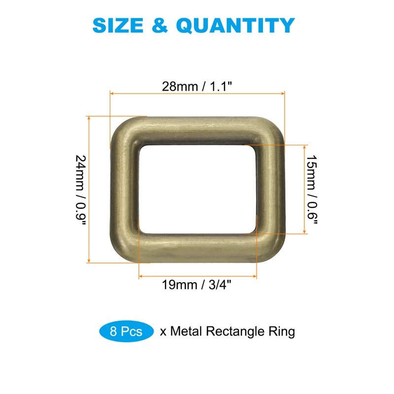 8 Pcs 3/4" / 19mm Flat Metal Rectangle Rings Buckle Square Loop Bronze