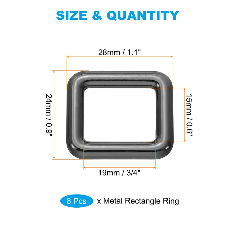 8 Pcs 3/4" / 19mm Flat Metal Rectangle Rings Buckle Square Loop Black
