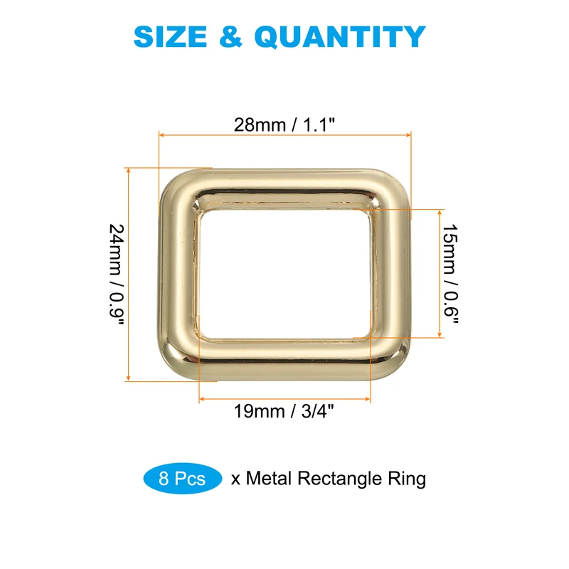 8 Pcs 3/4" / 19mm Flat Metal Rectangle Rings Buckle Square Loop Light Golden