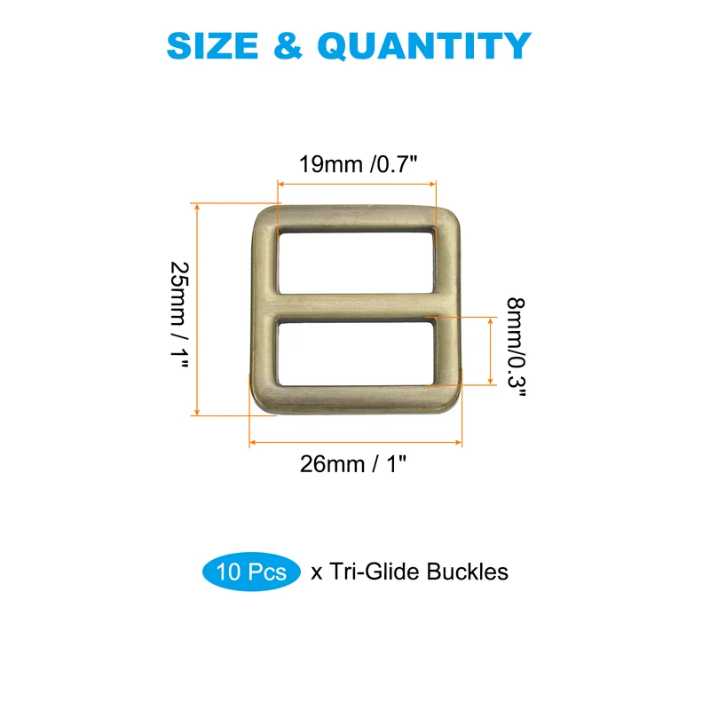 Flat Metal Slide Buckle, 10 Pcs Tri-glide Sliders Webbing Strap Belt Adjuster Strap Keeper Leathercraft DIY Bag Belt Purse Making, Bronze