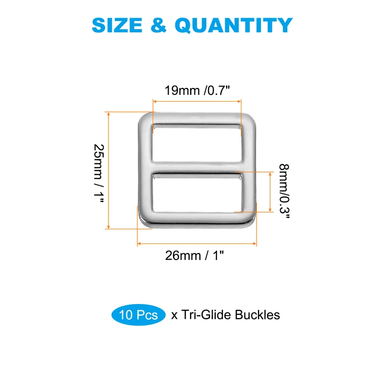 Flat Metal Slide Buckle, 10 Pcs Tri-glide Sliders Webbing Strap Belt Adjuster Strap Keeper Leathercraft DIY Bag Belt Purse Making, Silver