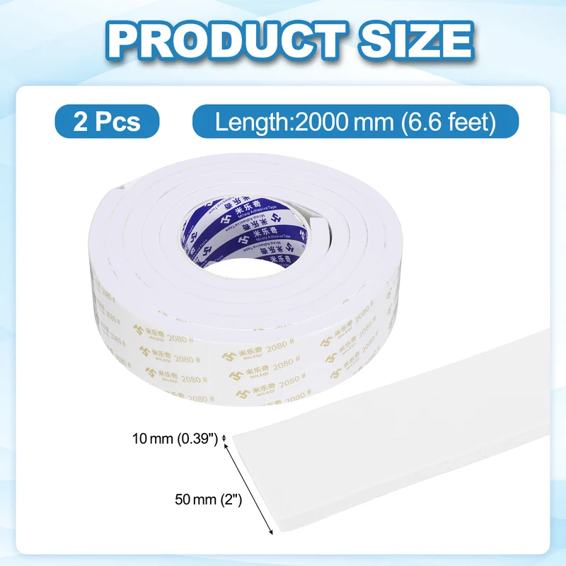 2 Pcs 2 W x 3/8" t x 6.6 ft l Weather Stripping Foam Tape White