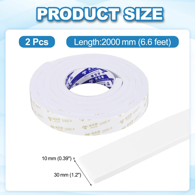 2Pcs 1 3/16"W x 3/8"t x 6.6 ft l Weather Stripping Foam Tape White