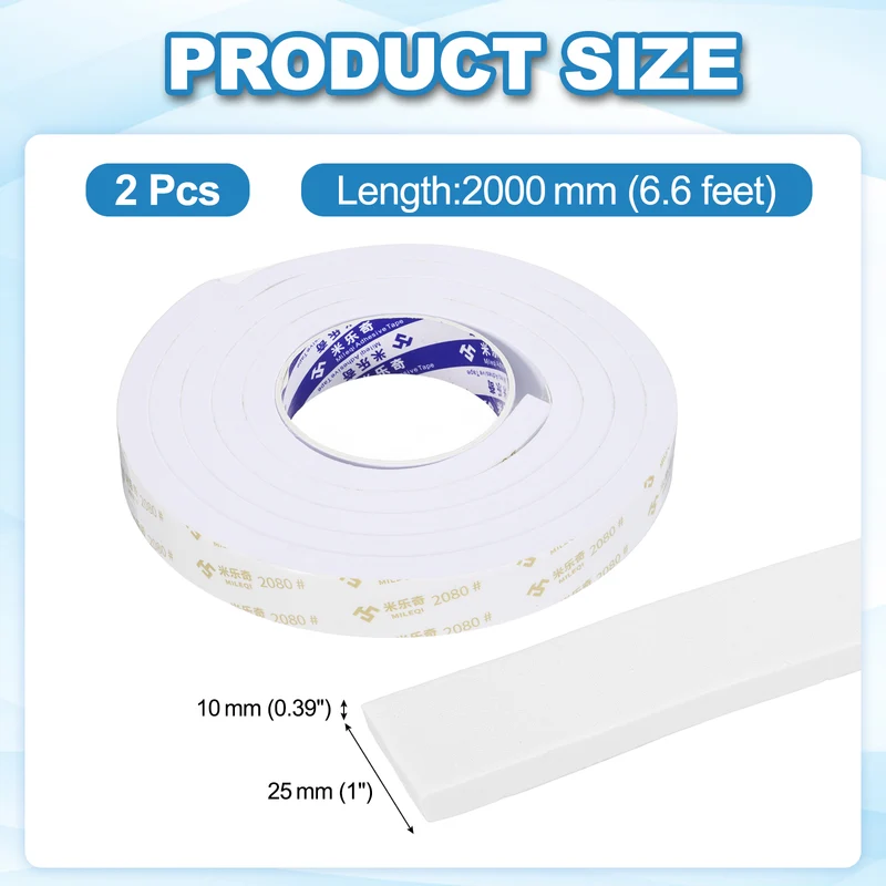 2 Pcs 1 W x 3/8" t x 6.6 ft l Weather Stripping Foam Tape White
