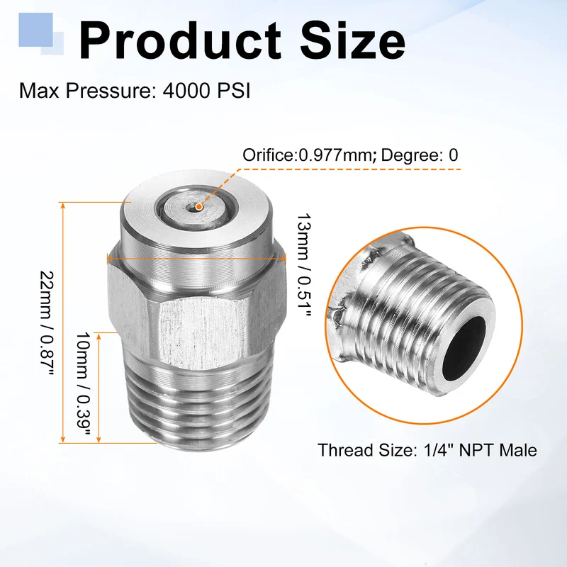 2pcs 0 Degree Surface Clean Tip 1/4 Inch NPT Male 0.977 Orifice Spray Nozzles