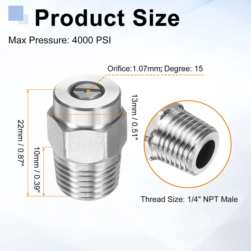 2pcs 15 Degree Surface Clean Tip 1/4 Inch NPT Male 1.07 Orifice Spray Nozzles