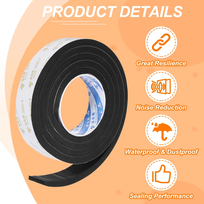 1-3/16" W x 3/16" t x 6.56ft l EVA Weather Stripping Foam Tape, Black