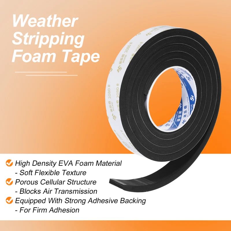 1" W x 3/16" t x 6.56ft l EVA Weather Stripping Foam Tape, Black