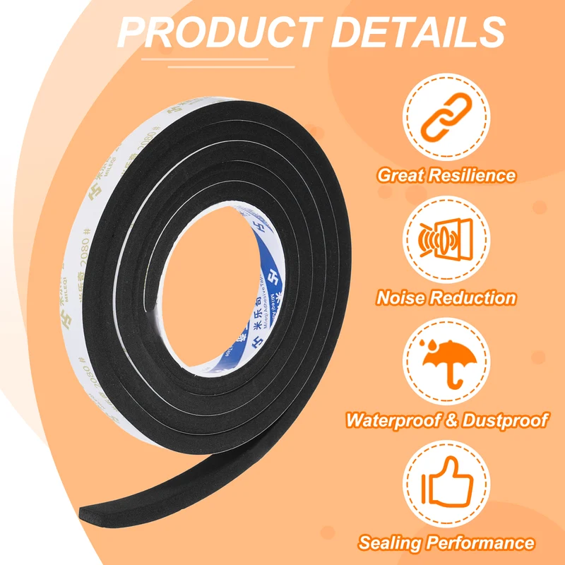 9/16" W x 3/16" t x 6.56ft l EVA Weather Stripping Foam Tape, Black