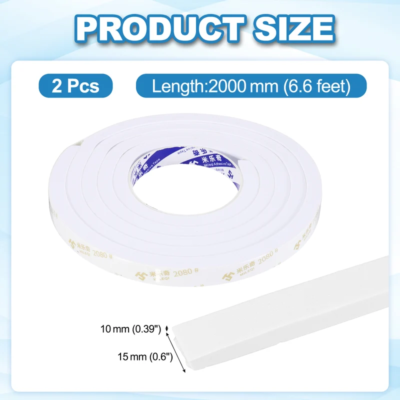 2 Pcs 9/16" W x 3/8" t x 6.6 ft l Weather Stripping Foam Tape White