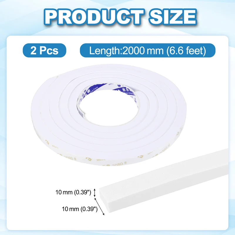 2 Pcs 3/8" W x 3/8" t x 6.6 ft l Weather Stripping Foam Tape White