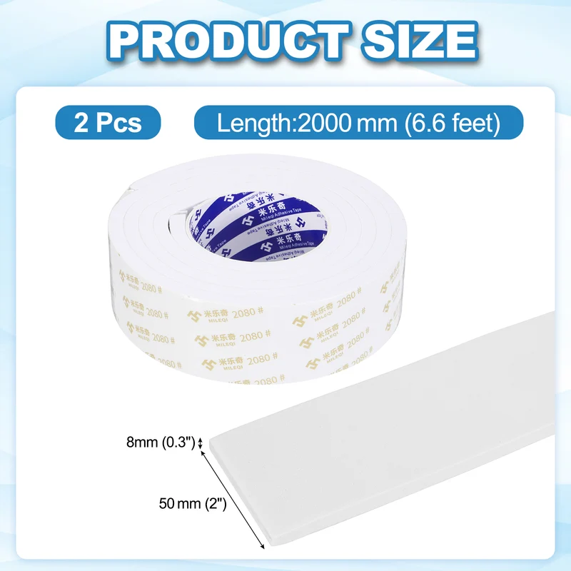 2 Pcs 2 W x 5/16" t x 6.6 ft l Weather Stripping Foam Tape White