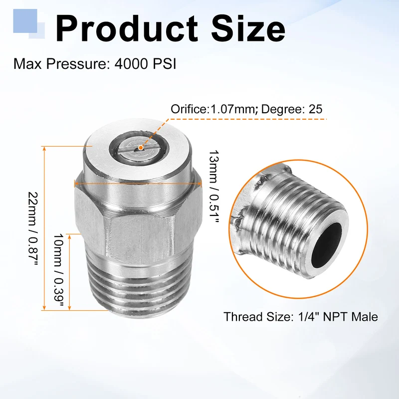 2pcs 25 Degree Surface Clean Tip 1/4 Inch NPT Male 1.07 Orifice Spray Nozzles