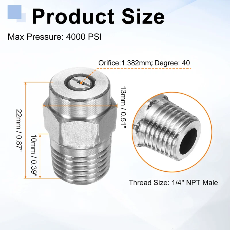 2pcs 40 Degree Surface Clean Tip 1/4 Inch NPT Male 1.382 Orifice Spray Nozzles